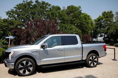 FILE PHOTO: The Ford F-150 Lightning pickup truck is seen during a press event in New York